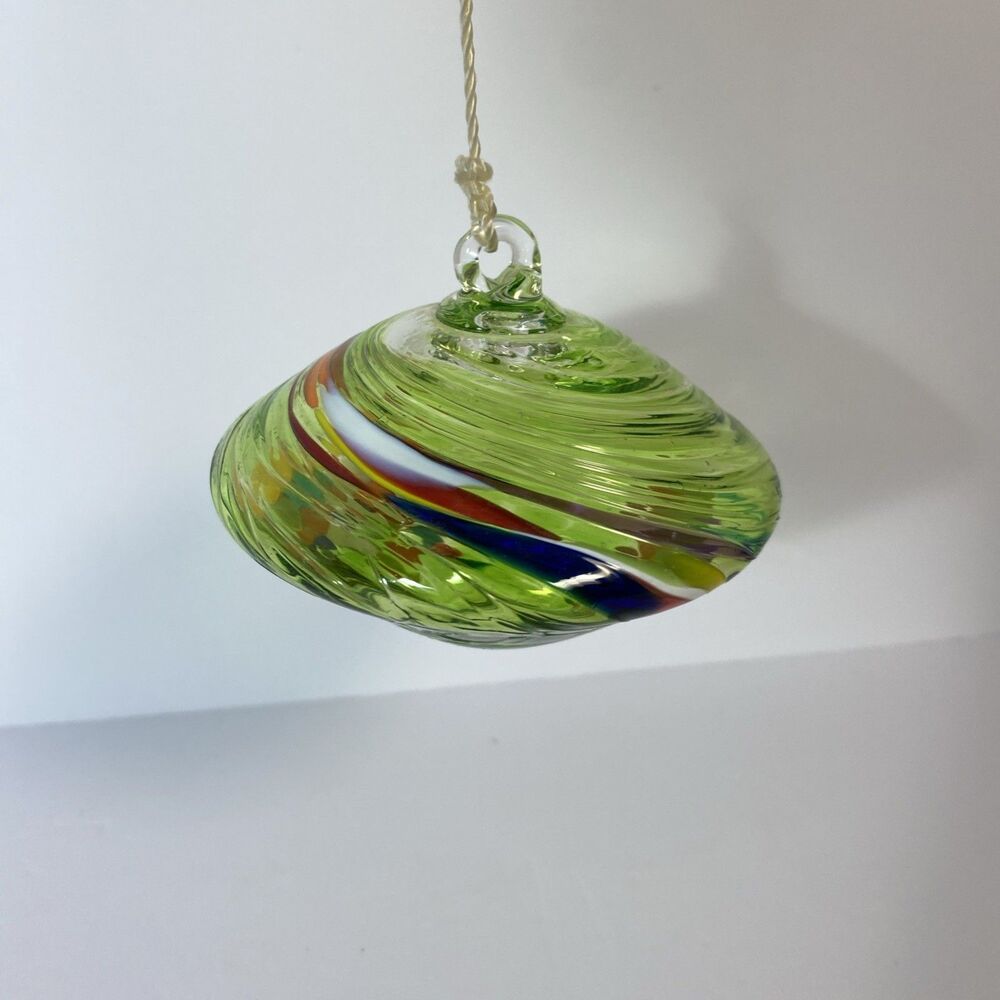 Hand Blown Art Glass Suncatcher Green Multicolor Swirl Hanging Ornament 4"